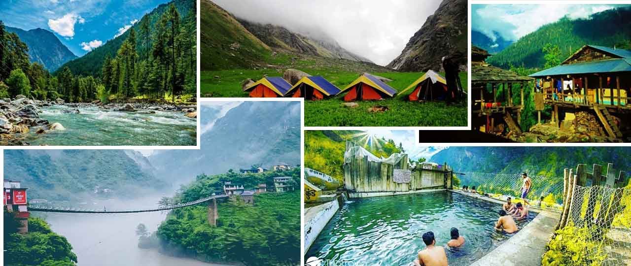 Four people walking in the mountains, surrounded by breathtaking scenery and lush greenery.